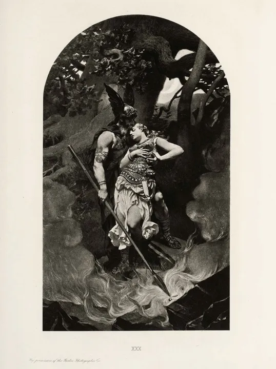 Wotan (Odin) e a valquíria Brunhilda na obra de Konrad Dielitz