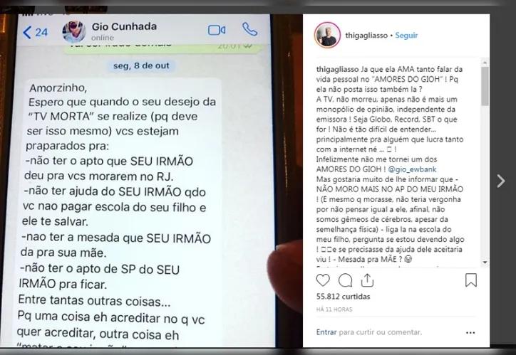 Imagem ilustrativa da imagem Thiago Gagliasso discute com Gio Ewbank e expõe conversa no Instagram