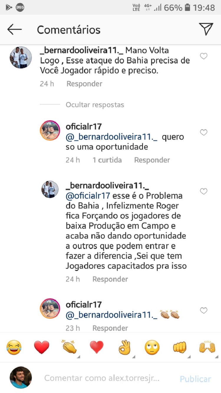 Imagem ilustrativa da imagem Em rede social, Rogério responsabiliza treinador por falta de espaço no Bahia