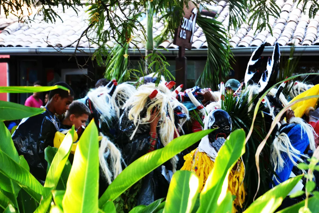 A principal atração do Carnaval da Praia do Forte são homens e crianças que usam máscaras.