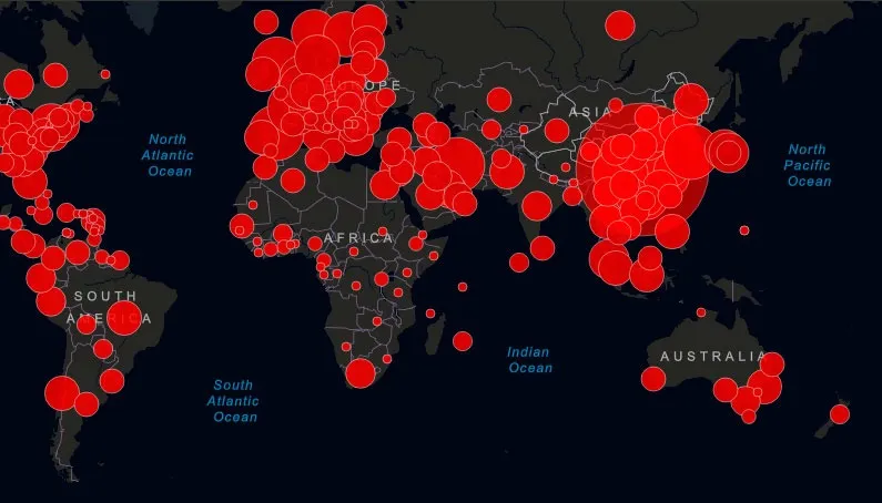 Mapa mostra o número de casos confirmados em cada país | Foto: Reprodução | Jonhs Hopkins University