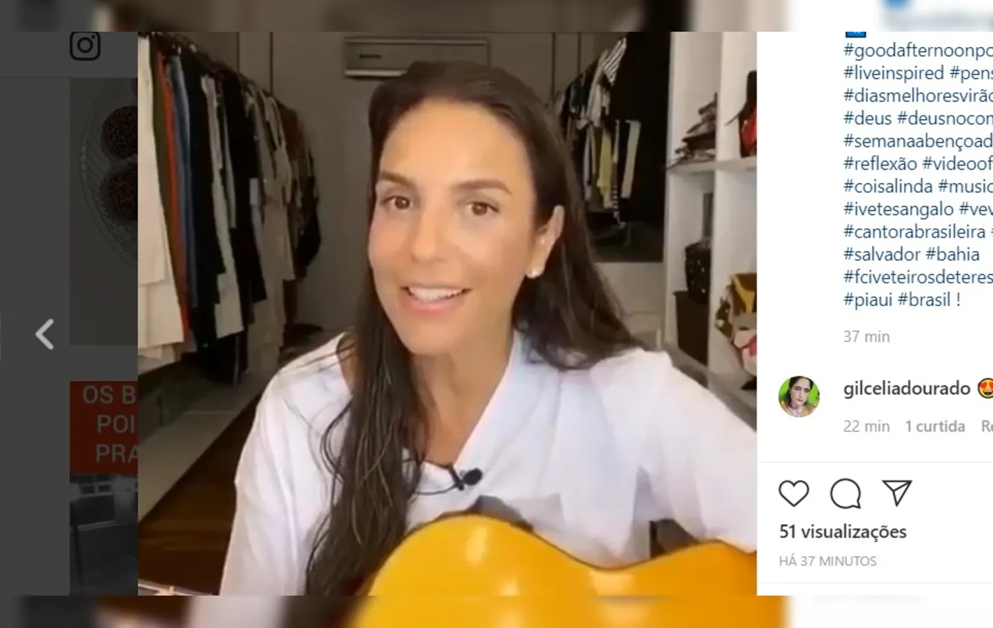 A cantora Preta Gil, diagnosticada com coronavírus e em isolamento, interagiu na live feita por Ivete Sangalo e pediu a música “Obrigada Axé” | Foto: Reprodução