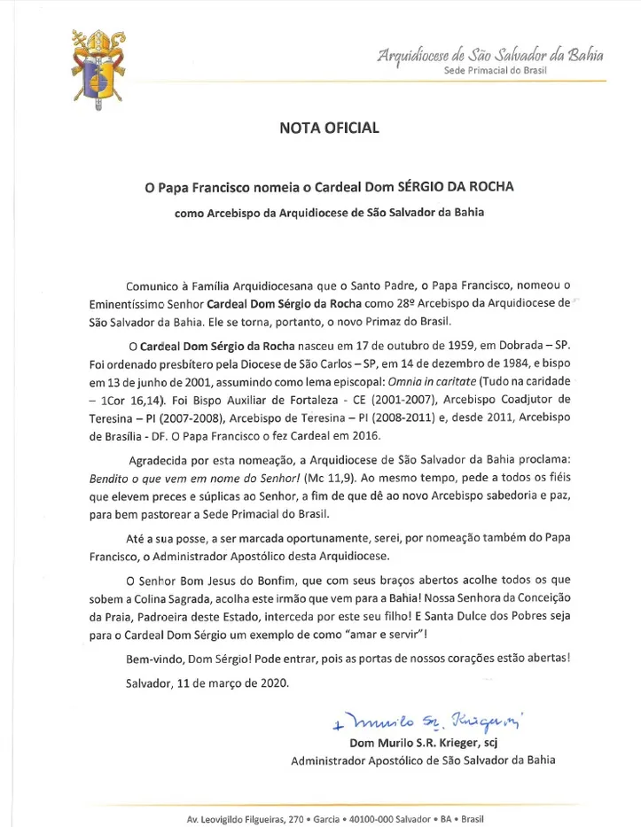 Imagem ilustrativa da imagem Dom Murilo Krieger renuncia e Dom Sergio da Rocha é o novo Arcebispo de Salvador