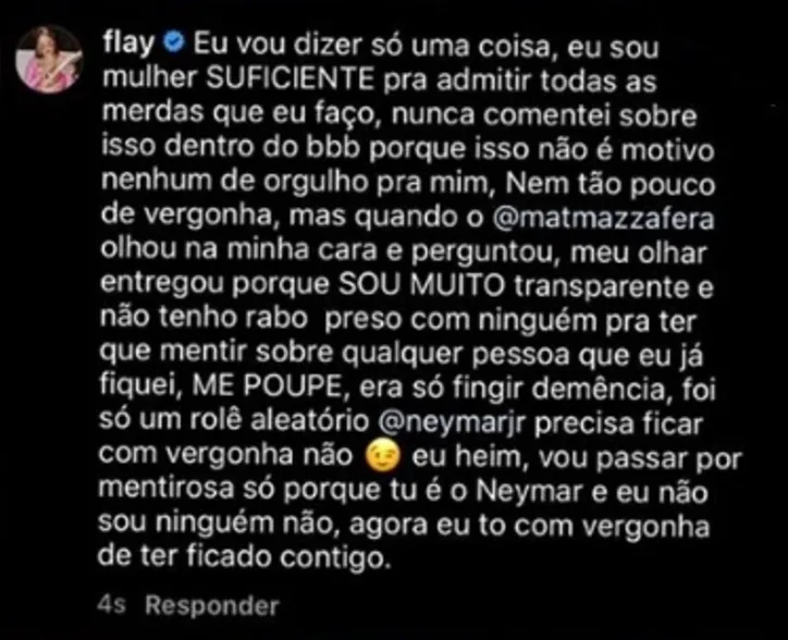 Imagem ilustrativa da imagem Ex-BBB Flayslane afirma ter ficado com jogador Neymar e gera polêmica na web