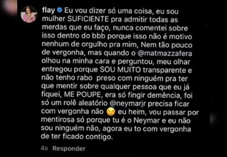 Imagem ilustrativa da imagem Ex-BBB Flayslane afirma ter ficado com jogador Neymar e gera polêmica na web