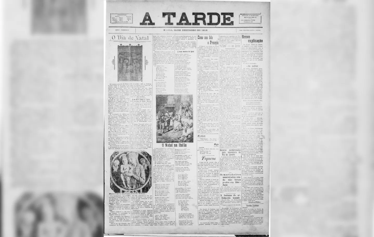 Em sua primeira edição de Natal, A TARDE produziu capa especial | Fotos: Arquivo A TARDE | 24.12.1912