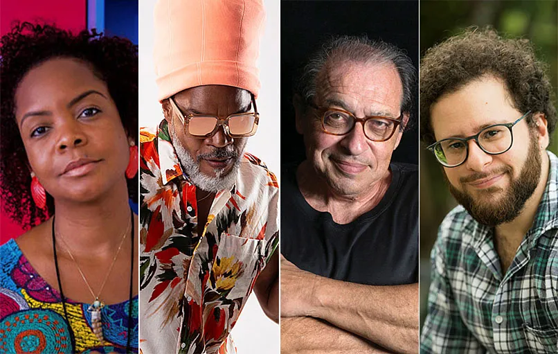 A poeta Lívia Natália, o músico Carlinhos Brown, o biógrafo mineiro Ruy Castro e o escritor baiano Breno Fernandes participam do evento | Foto: Divulgação | Montagem A TARDE