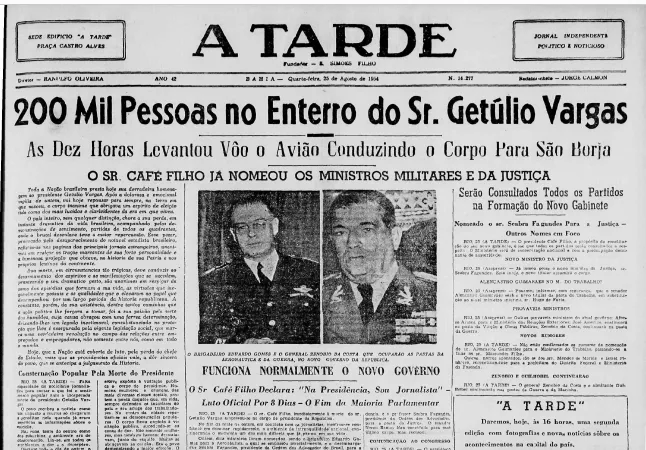 Imagem ilustrativa da imagem A TARDE acompanhou detalhes das consequências da morte de Getúlio Vargas em 1954