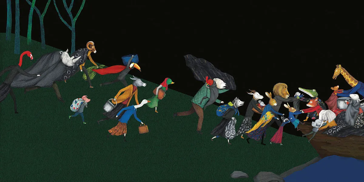 Refugiados correndo na floresta em direção ao barco | Ilustração: Issa Watanabe