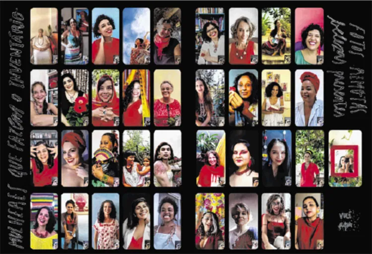 Mosaico de fotos remotas de participantes do Projeto Inventário Vermelho, que inclui lançamento de publicação com 42 cartas e debates | Foto: Nana Gadelha | Divulgação