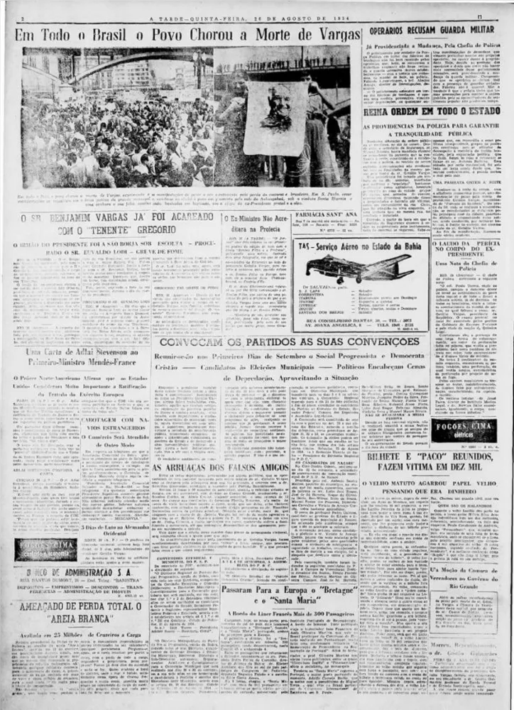 Imagem ilustrativa da imagem Em agosto de 1954, A TARDE acompanhou detalhes da comoção pela morte de Getúlio