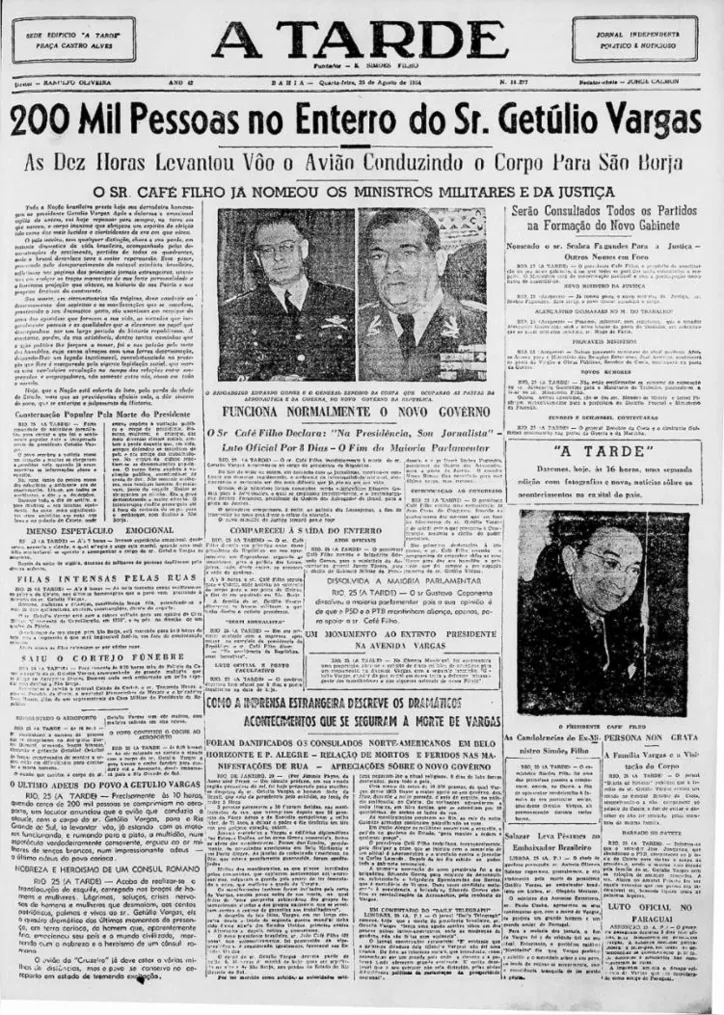 Imagem ilustrativa da imagem Em agosto de 1954, A TARDE acompanhou detalhes da comoção pela morte de Getúlio