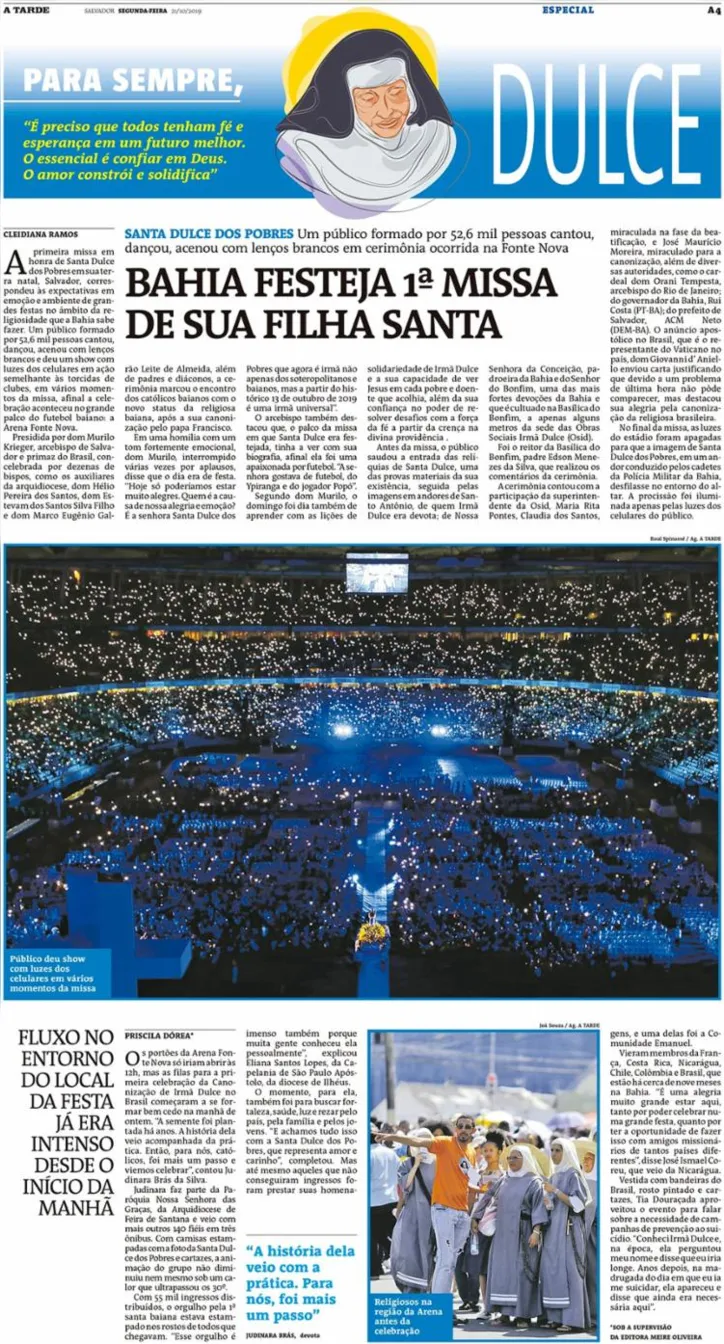 Imagem ilustrativa da imagem Com mais de 100 reportagens, A TARDE registrou o passo a passo da canonização de Irmã Dulce