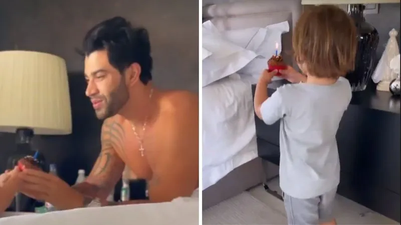 Com dois bolinhos e uma vela em cima de cada um, os pequenos foram no quarto do pai desejar feliz aniversário | Foto: Reprodução | Redes Sociais