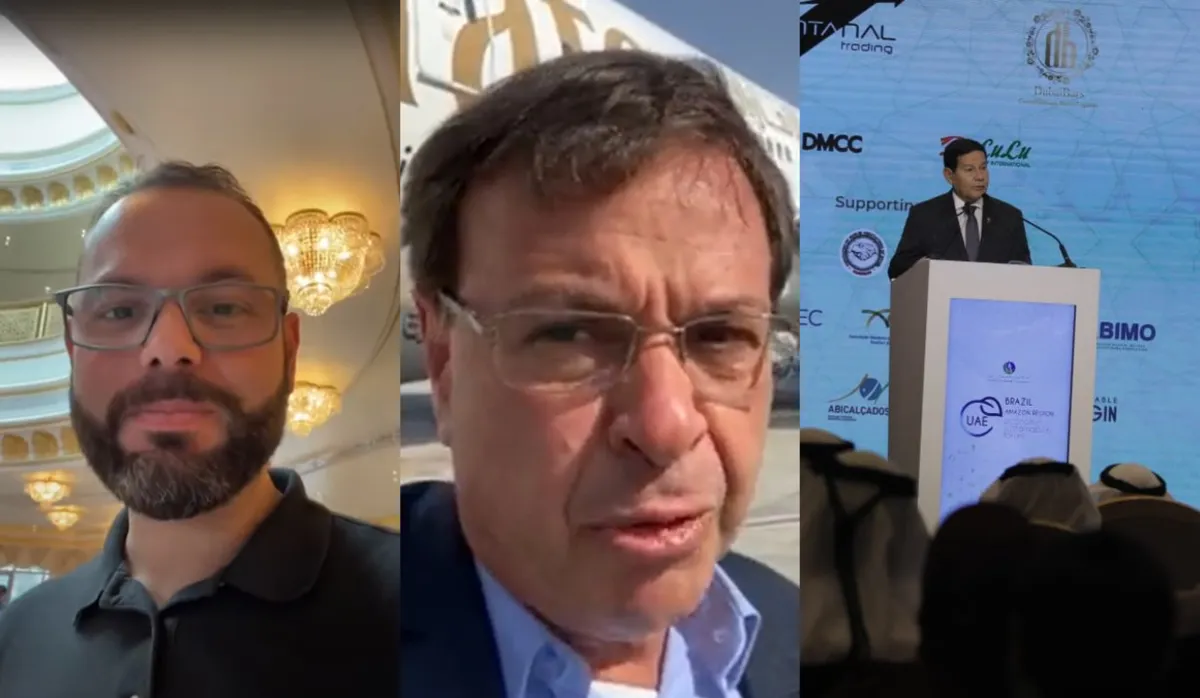 O secretário de Pesca Jorge Seif, o ministro do Turismo Gilson Machado e o vice-presidente Hamilton Mourão estiveram na comitiva de mais de 60 pessoas em Dubai | Foto: Reprodução
