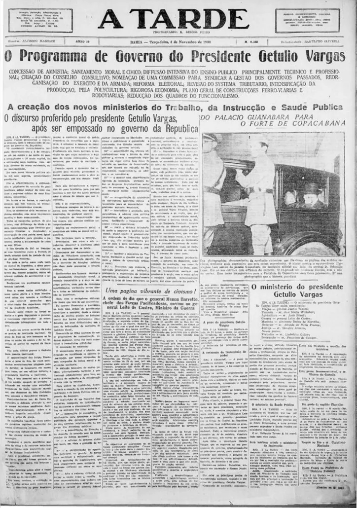 Imagem ilustrativa da imagem A TARDE registrou a posse do primeiro governador indicado de forma indireta após a Revolução de 1930