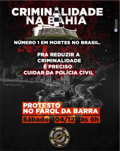 Imagem ilustrativa da imagem Policiais civis programam ato no Farol da Barra contra a violência na Bahia
