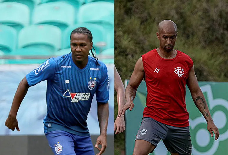 Hugo Rodallega (E) é artilheiro do Bahia no ano, com nove gols em 11  partidas;  Dinei (D) deve ser titular no ataque do Vitória pelo terceiro jogo seguido