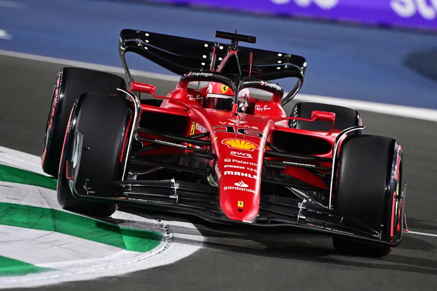 Ferrari's Monegasque driver Charles Leclerc drives during the second practice session ahead of the 2022 Saudi Arabia Formula One Grand Prix at the Jeddah Corniche Circuit on March 25, 2022. (Photo by ANDREJ ISAKOVIC / AFP)