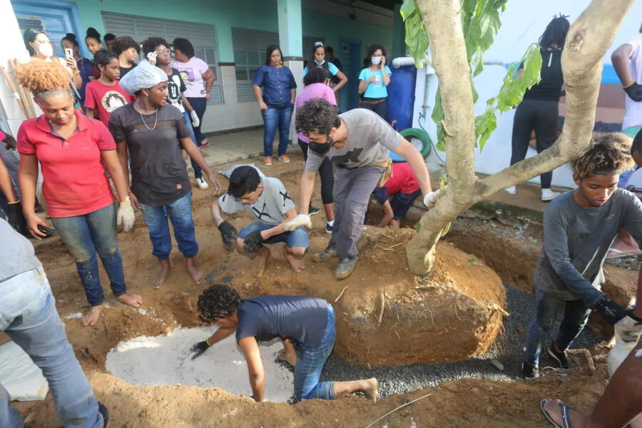 Alunos constroem jardim de chuva sob orientação