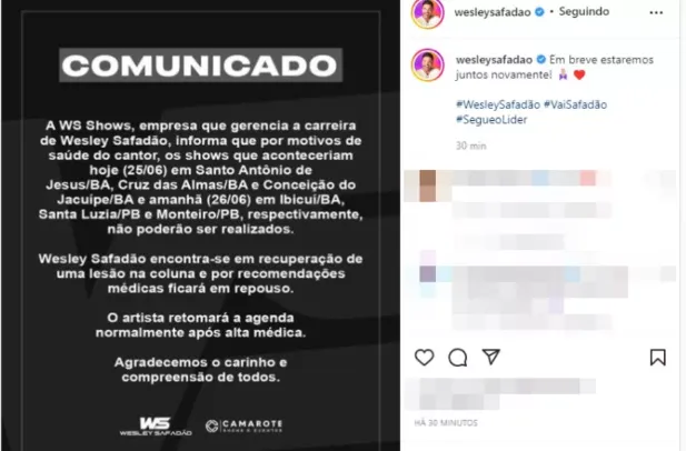 Wesley Safadão ficará em repouso por recomendações médicas