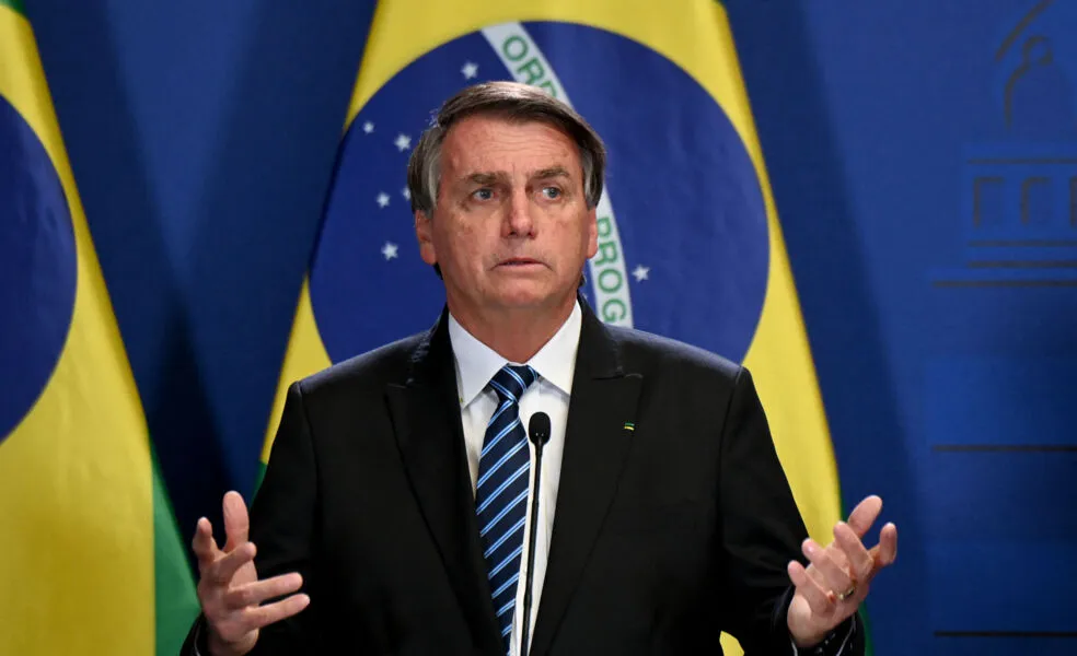 Brazil's President Jair Bolsonaro gives a joint press conference with Hungary's Prime Minister on February 17, 2022 in Budapest, Hungary. (Photo by Attila KISBENEDEK / AFP)