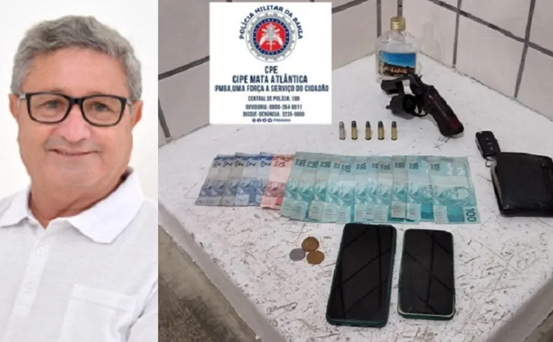 Além da arma, foram encontrados um frasco de bebida e a quantia de quantia de R$ 1.221,00 (um mil e duzentos e vinte e um reais) em espécie