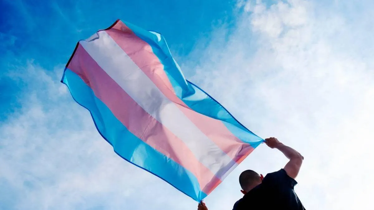 A bandeira trans consiste em cinco faixas horizontais: duas azuis claras, duas rosas e uma branca no centro