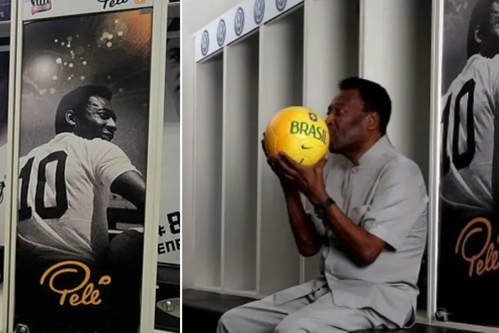 Pelé posa ao lado do armário trancado com seus segredos