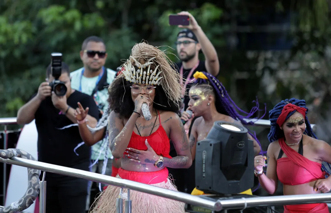 Foliões se divertem durante passagem de A Dama do Pagode pelo Circuito Osmar (Campo Grande), no Carnaval de 2020