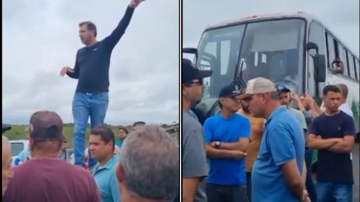 Momento em que fazendeiros impedem chegada de ônibus do MST nas fazendas de Santa Luzia