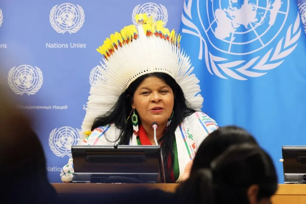 A ministra dos Povos Indígenas, Sonia Guajajara, durante evento da ONU em Nova York
