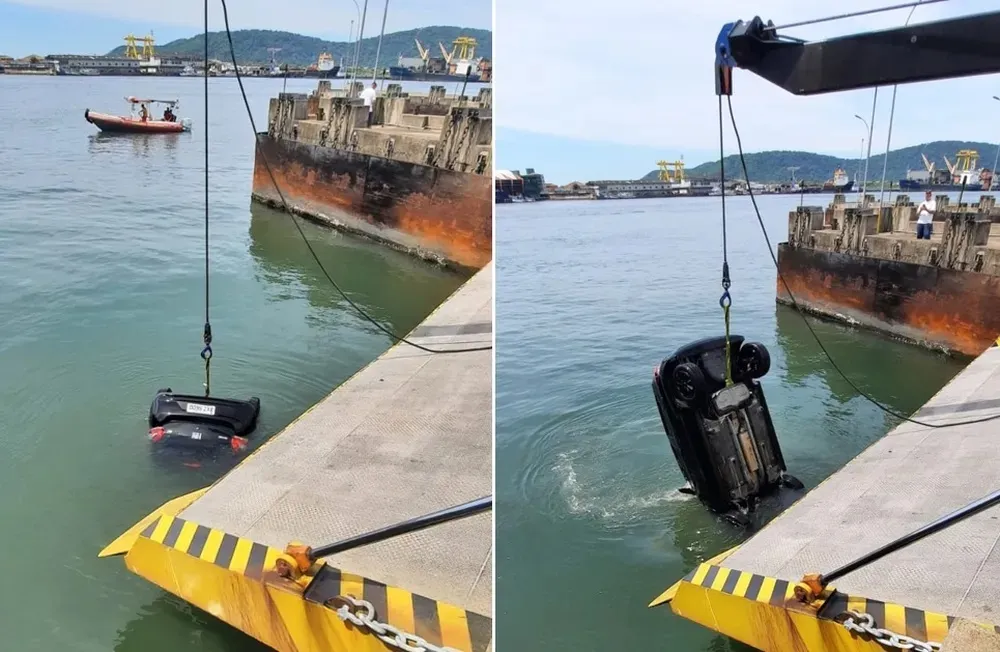 Para remover o carro do mar, foi solicitado o apoio de mergulhadores e do guincho da Ecovias