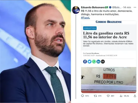 Eduardo Bolsonaro criticou preço dos combustíveis utilizando informação da época que seu pai era presidente