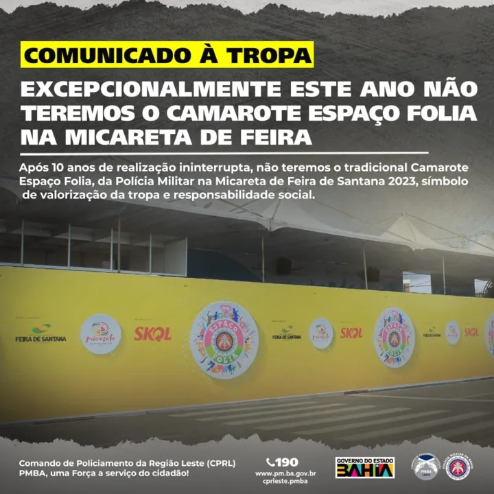 Imagem ilustrativa da imagem Micareta de Feira 2023 não terá camarote da Polícia Militar