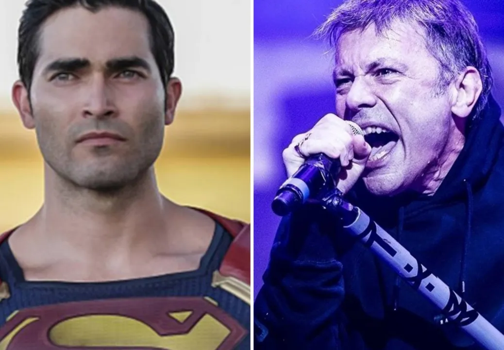 Ator Tyler Hoechlin, o Homem de Aço da série "Superman & Lois", e o vocalista do Iron Maiden, Bruce Dickinson