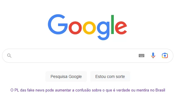 Plataforma de busca exibe mensagem contra o PL das Fake News