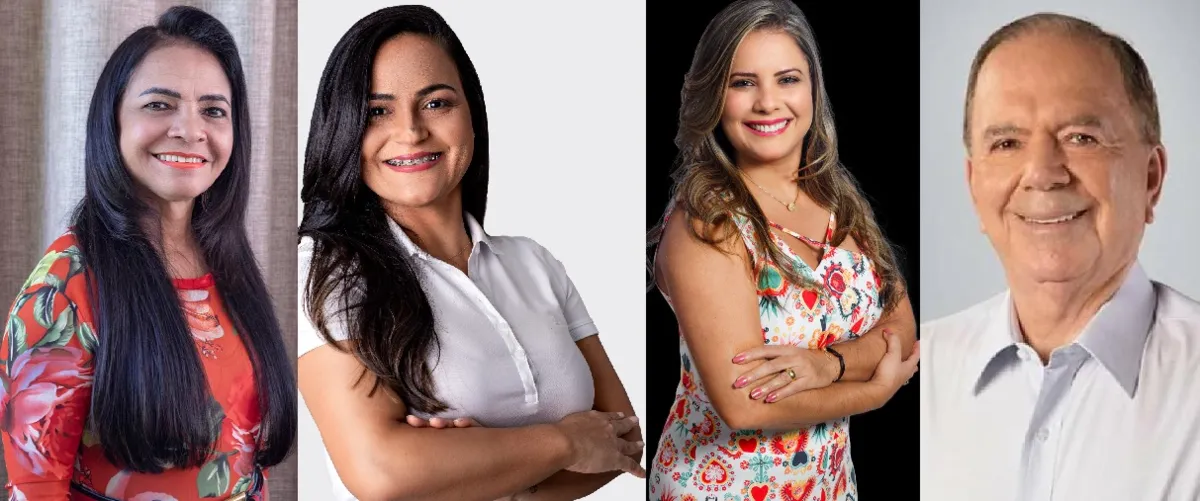 À esquerda, a atual prefeita, Moema Gramacho (PT), que não poderá se candidatar ao cargo em 2024. Em seguida, Débora Regis (PDT), Mirela Macedo (União Brasil) e João Leão (PP)