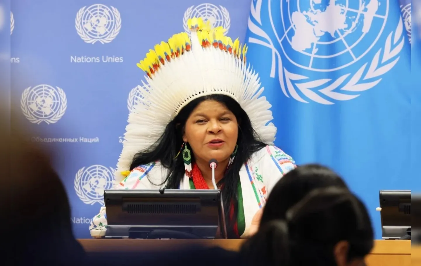 A ministra dos Povos Indígenas, Sonia Guajajara, durante evento da ONU em Nova York