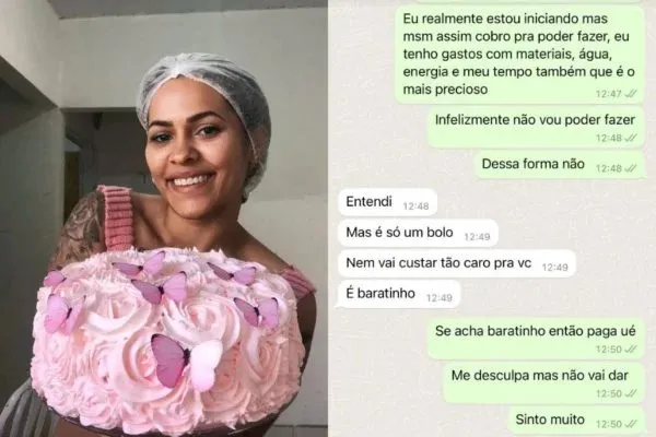 Dayane Silva mostra conversa onde cliente tenta conseguir bolo de graça