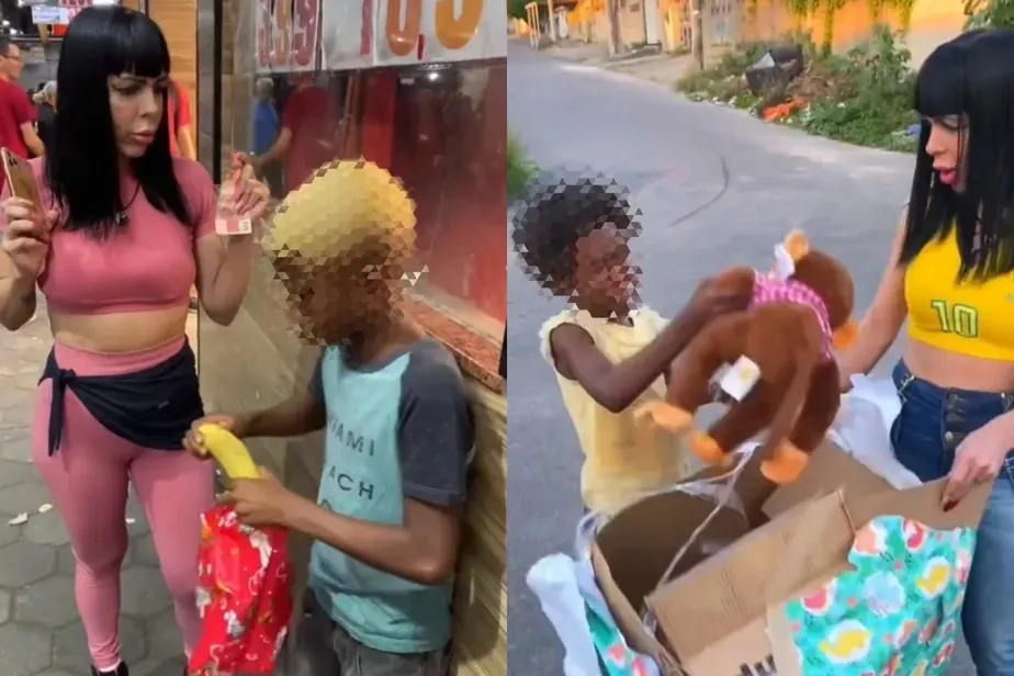 As duas abordam crianças nas ruas e entregam macaco de pelúcia, uma banana e até dinheiro