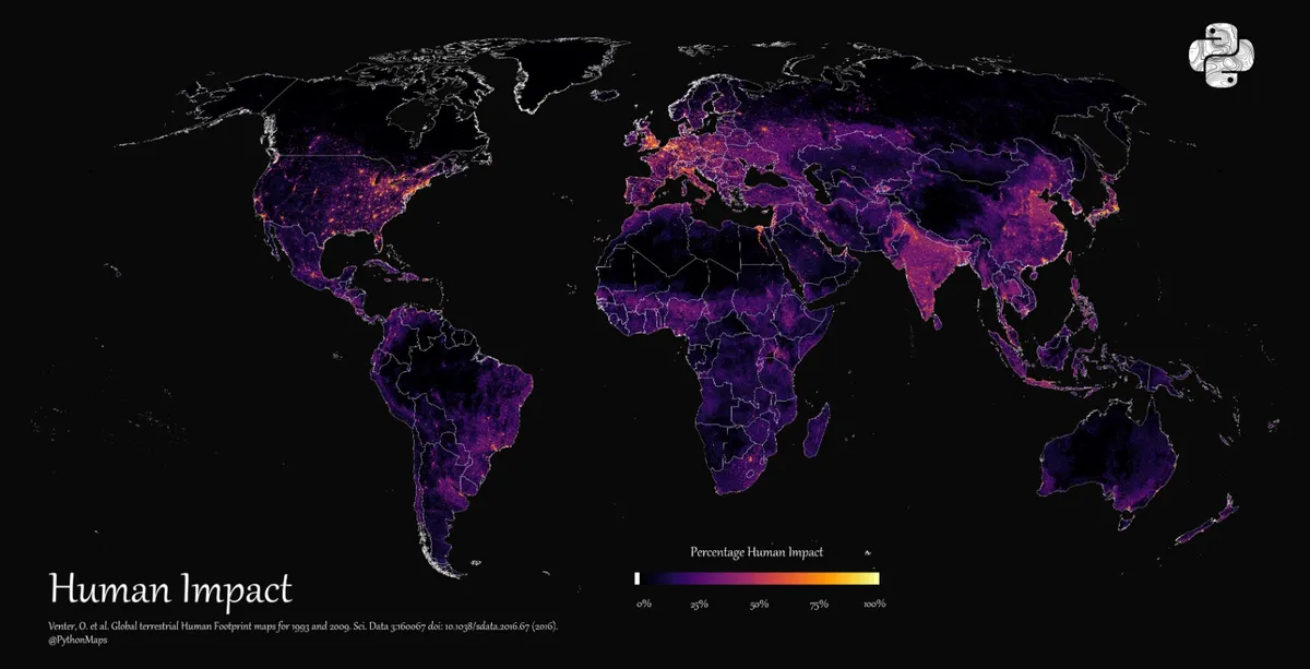 O mapa acima mostra a extensão do impacto da humanidade no mundo de 1993 a 2009