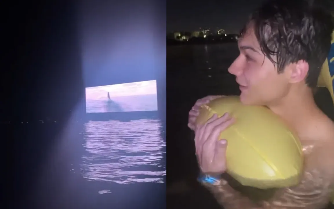 Imagem ilustrativa da imagem Vídeo: Megatubarão 2 é exibido em cinema instalado em praia