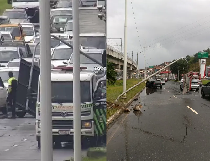 Poste de sinalização caiu e bloqueou parte da via na Av. Bonocô