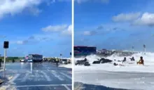 Imagem ilustrativa da imagem Vídeo: onda forte derruba motociclistas em ponte nas Maldivas
