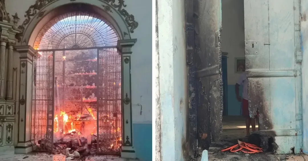 As chamas iniciaram na lateral da Igreja, nas primeiras horas deste domingo