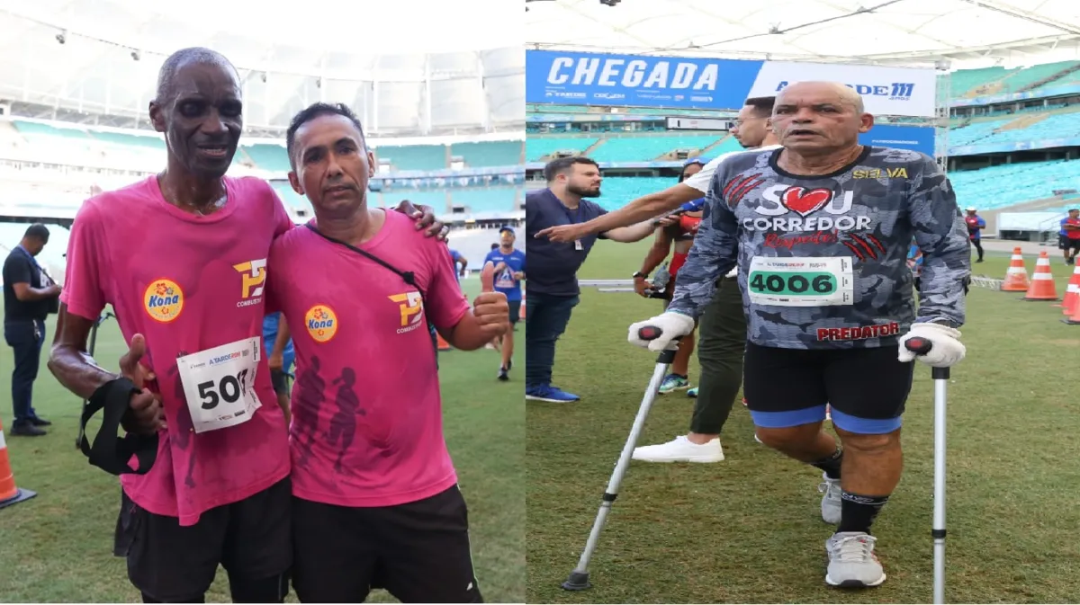 Seu Alfredo e seu guia Welsey e Eduardo Ferreira durante chegada da A TARDE Run