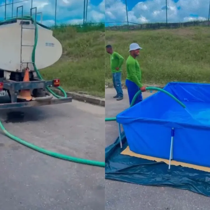 Torcedor utilizando um caminhão-pipa para encher uma piscina inflável