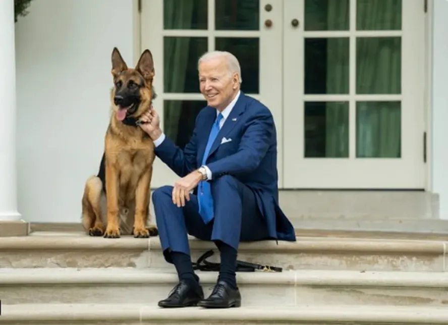 Presidente dos Estados Unidos, Joe Biden, posa com o 'primeiro-cachorro' Commander