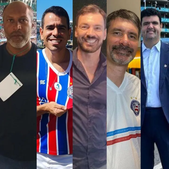 Candidatos à presidência do Bahia para o triênio 2024-2026. Da esquerda para direita: Jailson Baraúna, Marcelo Sant'Ana, Emerson Ferretti, Marcus Verhine e Leonardo Martinez